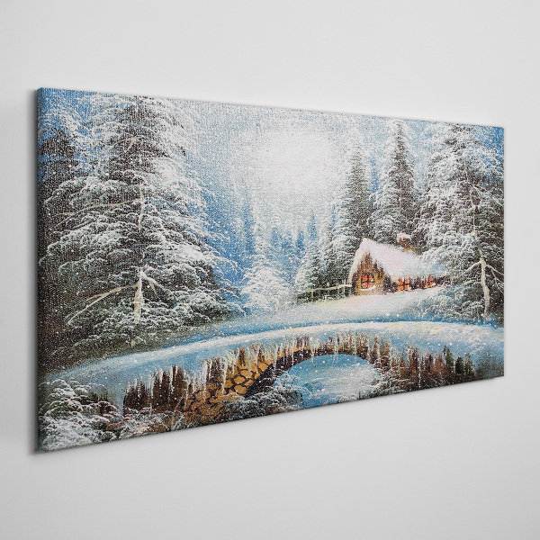 Winter landscape with a cottage in the forest Print on canvas