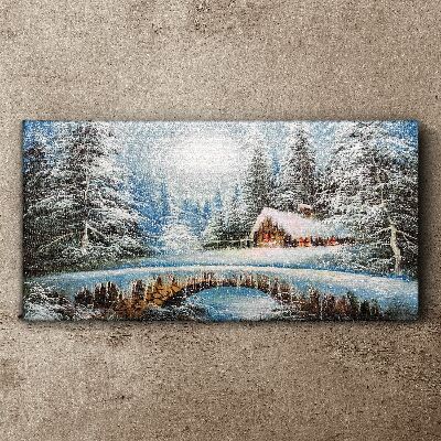 Winter landscape with a cottage in the forest Print on canvas