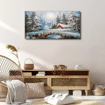Winter landscape with a cottage in the forest Print on canvas