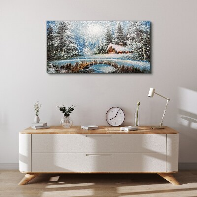 Winter landscape with a cottage in the forest Print on canvas