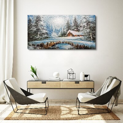 Winter landscape with a cottage in the forest Print on canvas