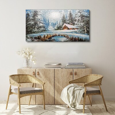 Winter landscape with a cottage in the forest Print on canvas
