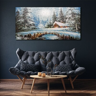 Winter landscape with a cottage in the forest Print on canvas