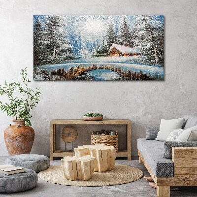 Winter landscape with a cottage in the forest Print on canvas