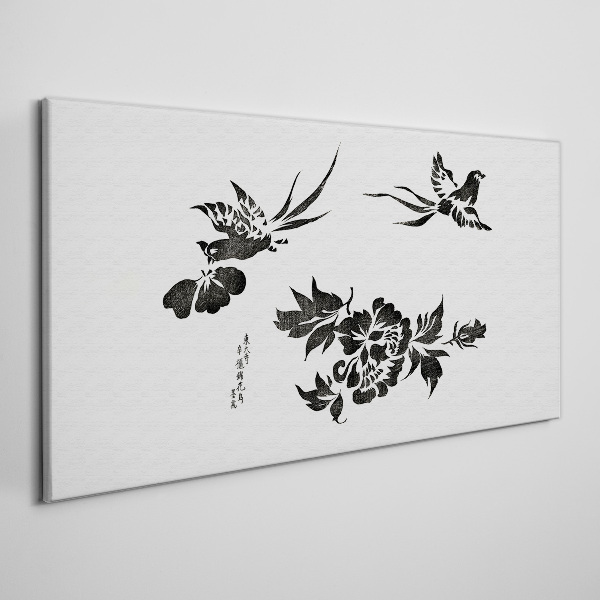 Birds and flowers in black and white Canvas wall art
