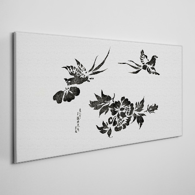 Birds and flowers in black and white Canvas wall art
