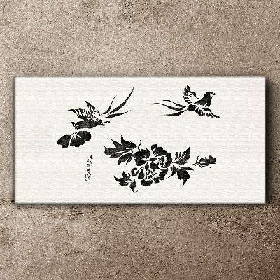 Birds and flowers in black and white Canvas wall art