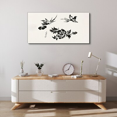 Birds and flowers in black and white Canvas wall art