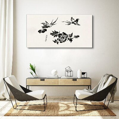 Birds and flowers in black and white Canvas wall art
