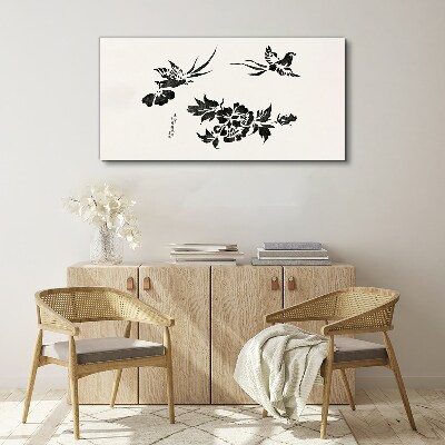 Birds and flowers in black and white Canvas wall art