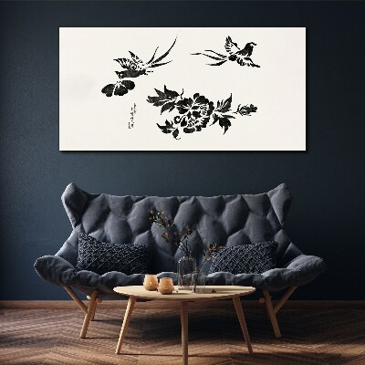 Birds and flowers in black and white Canvas wall art