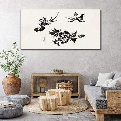 Birds and flowers in black and white Canvas wall art