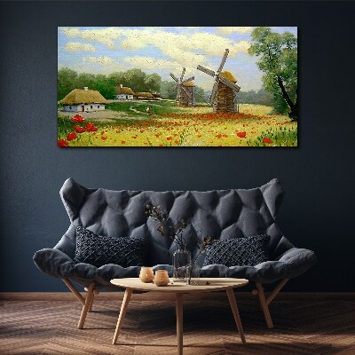 Village clouds flowers poppies Canvas Wall art