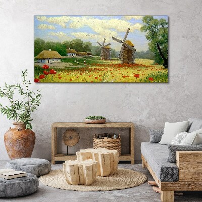 Village clouds flowers poppies Canvas Wall art