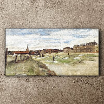 Landscape with figures against the background of the city Print on canvas