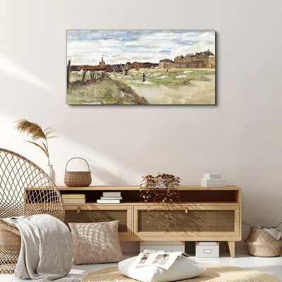 Landscape with figures against the background of the city Print on canvas