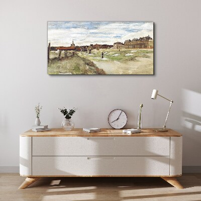 Landscape with figures against the background of the city Print on canvas