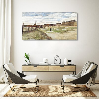 Landscape with figures against the background of the city Print on canvas