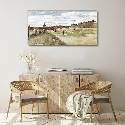 Landscape with figures against the background of the city Print on canvas