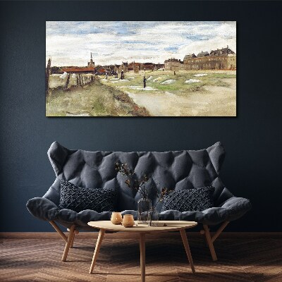 Landscape with figures against the background of the city Print on canvas