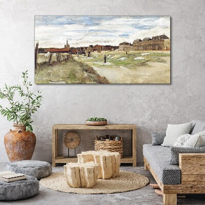 Landscape with figures against the background of the city Print on canvas