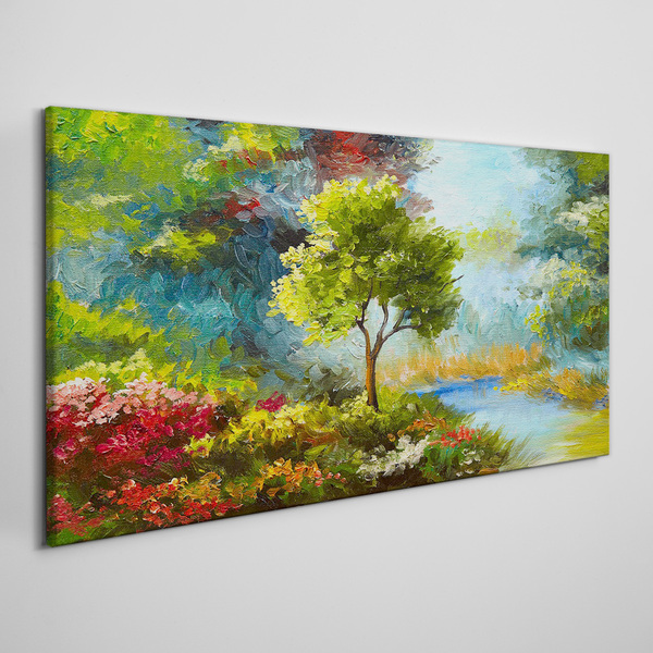 Spring landscape with a tree and flowers Canvas wall art