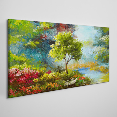 Spring landscape with a tree and flowers Canvas wall art