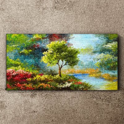 Spring landscape with a tree and flowers Canvas wall art