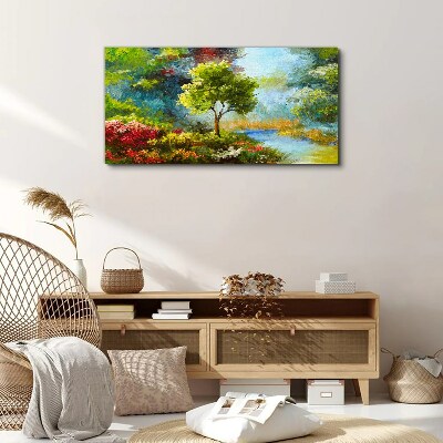 Spring landscape with a tree and flowers Canvas wall art