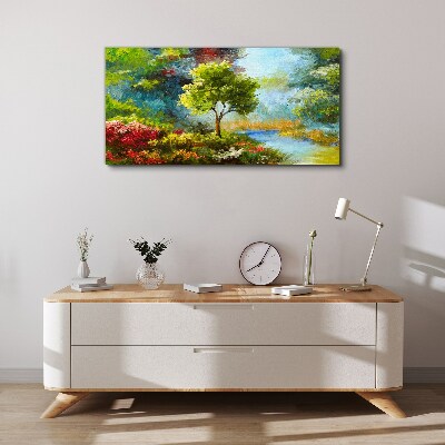 Spring landscape with a tree and flowers Canvas wall art