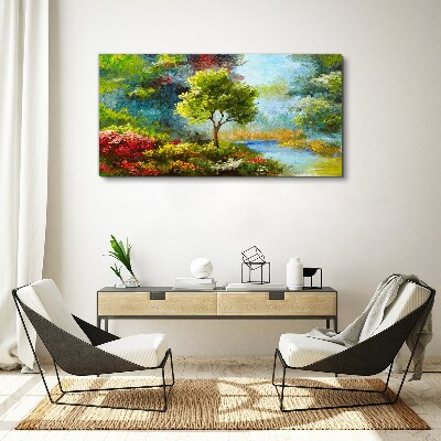 Spring landscape with a tree and flowers Canvas wall art