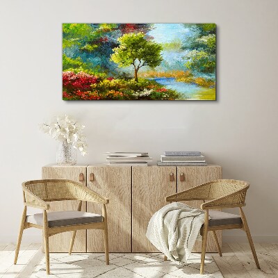 Spring landscape with a tree and flowers Canvas wall art