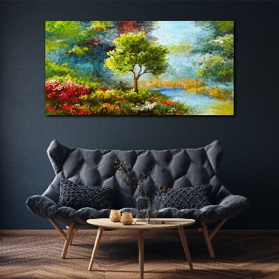 Spring landscape with a tree and flowers Canvas wall art