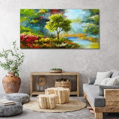 Spring landscape with a tree and flowers Canvas wall art