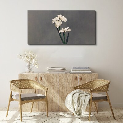 White irises on a gray background Print on canvas