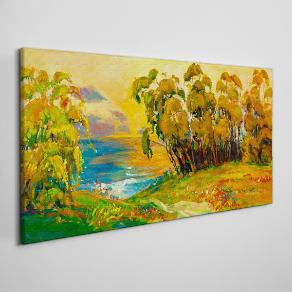 Golden trees over blue sea Canvas wall art
