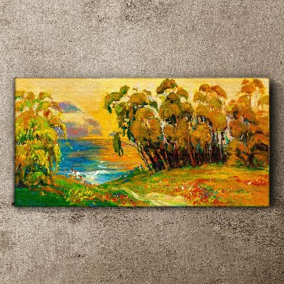 Golden trees over blue sea Canvas wall art