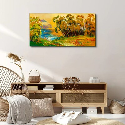 Golden trees over blue sea Canvas wall art