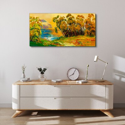 Golden trees over blue sea Canvas wall art