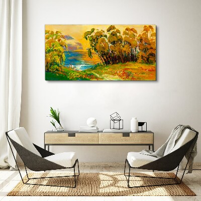 Golden trees over blue sea Canvas wall art