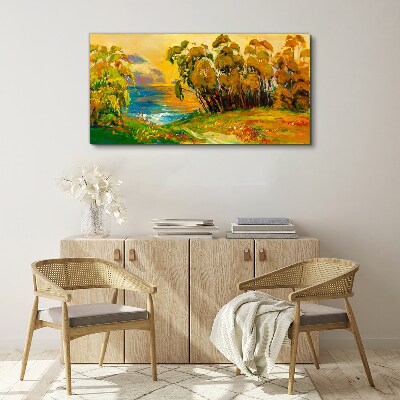 Golden trees over blue sea Canvas wall art