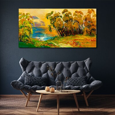 Golden trees over blue sea Canvas wall art