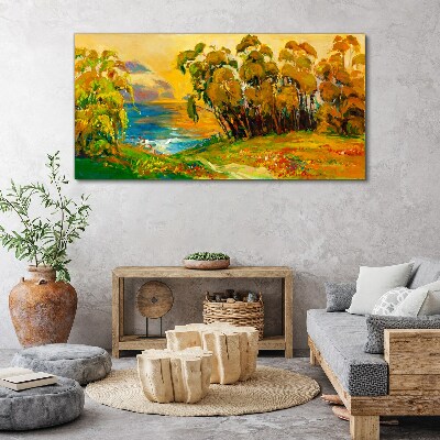 Golden trees over blue sea Canvas wall art