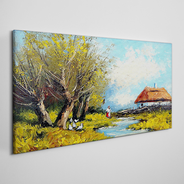 Countryside landscape with a cottage and trees Print on canvas