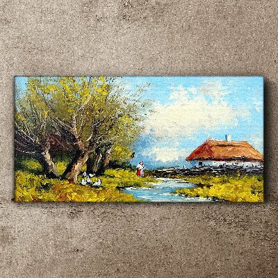 Countryside landscape with a cottage and trees Print on canvas