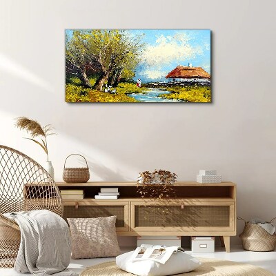 Countryside landscape with a cottage and trees Print on canvas