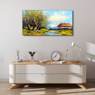 Countryside landscape with a cottage and trees Print on canvas