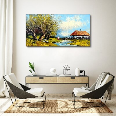 Countryside landscape with a cottage and trees Print on canvas