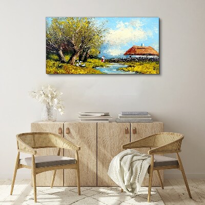 Countryside landscape with a cottage and trees Print on canvas
