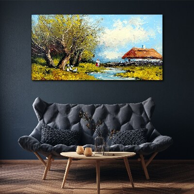 Countryside landscape with a cottage and trees Print on canvas